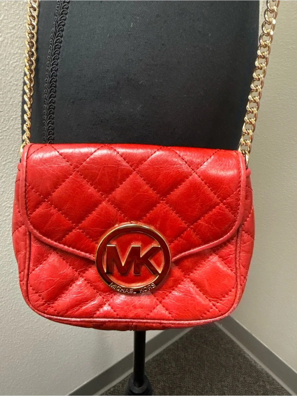 Michael Kors Red Quilted Crossbody Gold Chain MK Logo Y2K Mini Flap Purse